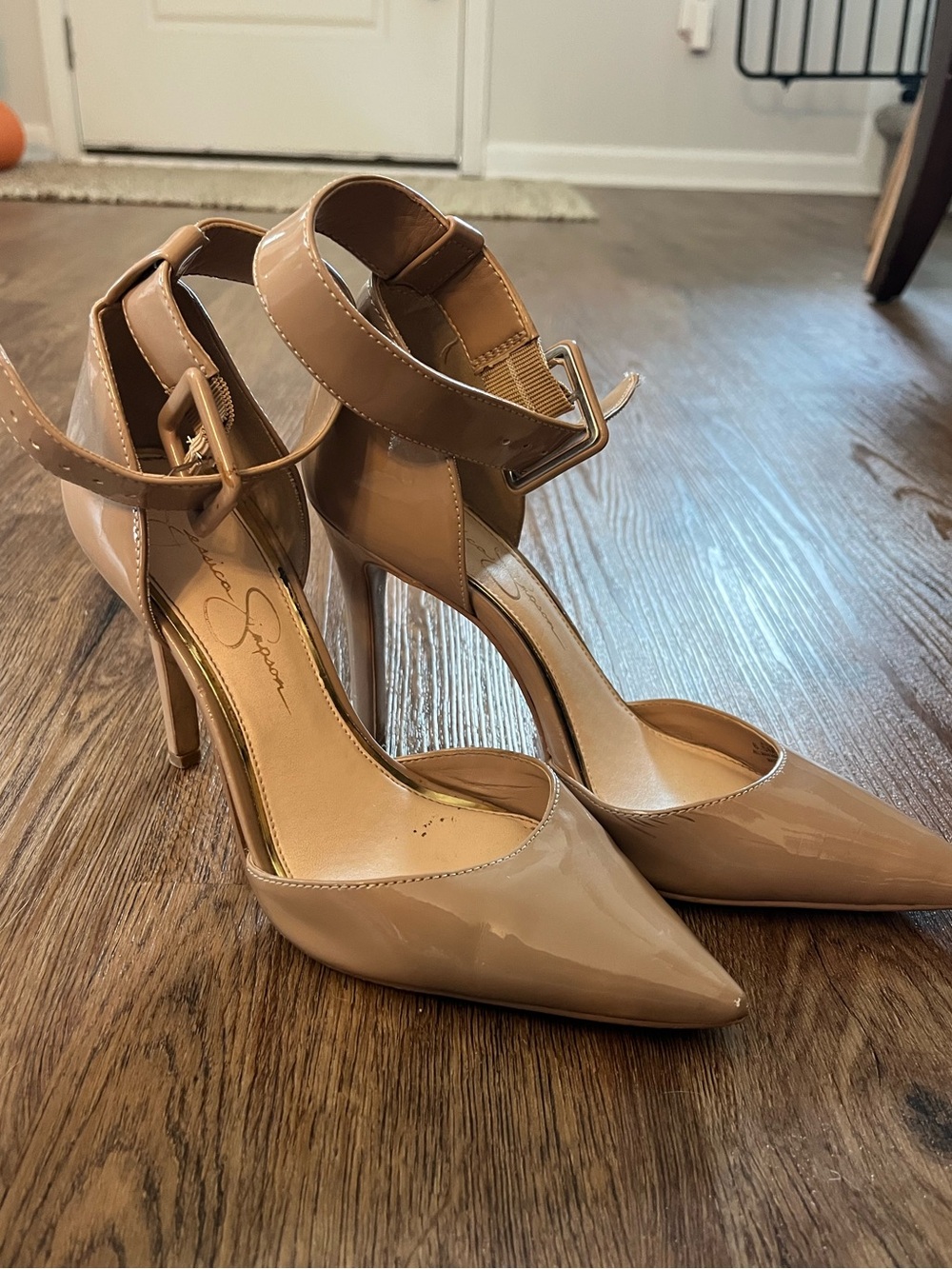 Jessica Simpson Nude Patent Pointed-Toe Ankle-Strap Pumps with Buckle